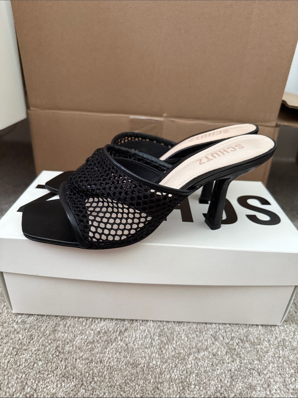 SCHUTZ Black Mesh Square-Toe Mule Sandals - Picture 2 of 4